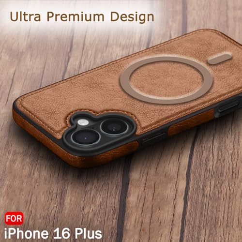 Image of TheGiftKart Genuine Leather Finish Back Cover Case for iPhone 16 Plus | Shockproof Design | Raised Edges for Camera & Screen Protection | Stunning Minimalist Design Case (MagSafe Compatible, Brown)