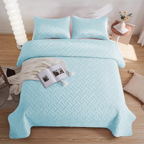 Image of SANMARINO Luxury Cotton Ultrasonic Quilted King Size Bedcover with 2 Pillow Covers | Ultra-Soft, Cozy Solid All-Season Quilt Coverlet | Premium Bedding Set for Bedroom Decor - 228x254 cm,Aqua Mist