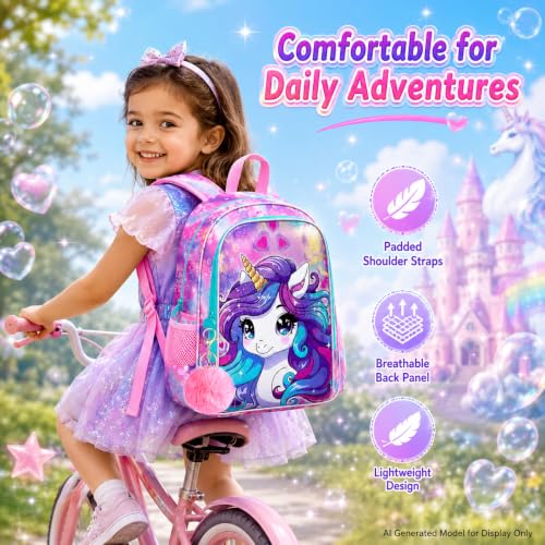 Image of CCJPX 3PCS Unicorn Backpack for Girls, 16 inchKids Preschool Bookbag Set, Cute Water Resistant Elementary School Bag and Lunch Box