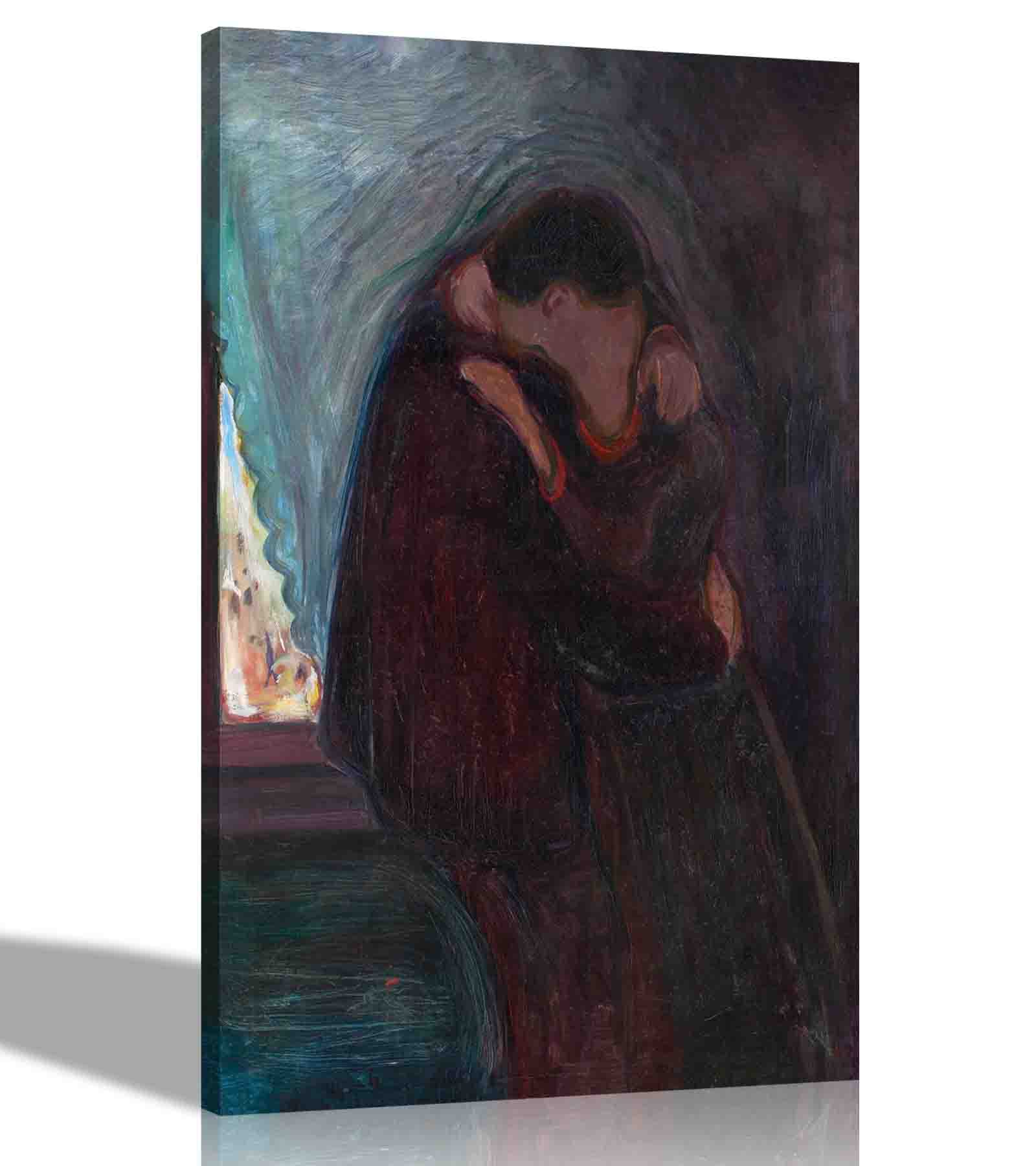 Artley Prints Black The Kiss By Edvard Munch Canvas Wall Art Pictures Hanging Posters Framed Wallart Photos Stretched Ready To Hang Prints 40 X 60Cm (16 X 24 Inches)