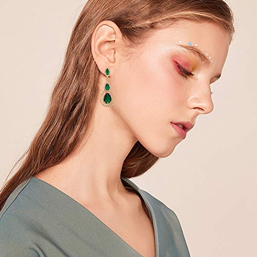 Emerald Green Cubic Zirconia Earrings - Elegant Sterling Silver Cz Teardrop Wedding Party Prom Earrings For Bride Bridesmaids Crystal Cz Rhinestone Dangle Drop Earrings For Women Girl Hypoallergenic #TOP1