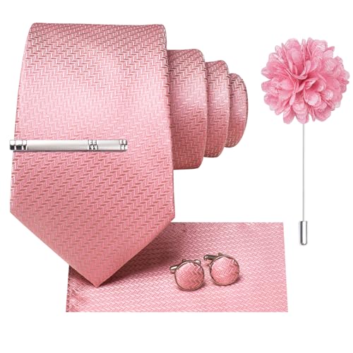 Image of Hi-Tie Solid Light Pink Ties for Men Classic Neckties and Pocket Square Lapel Pin Silver Tie Clip Cufflinks Set Wedding Business 6PCS
