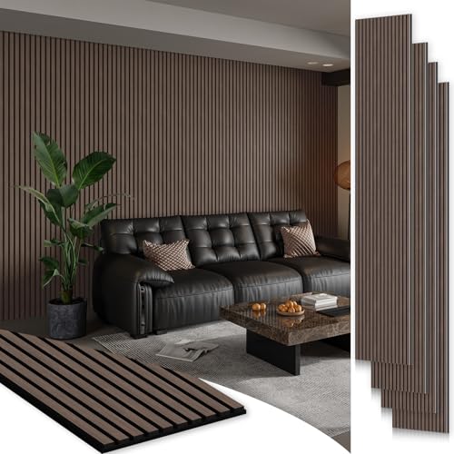 Smartstandard 4 Pack 105.9' x 12.6' Wood Slat Wall Panels, Soundproof Wooden Wall Panels, Acoustic Wood Panels for Wall, 3D Fluted Wood Panels for Interior Wall Decor, Dark Walnut
