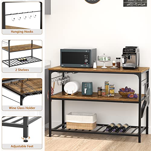 Homieasy Kitchen Island With Wine Glass Holder, Industrial Wood And Metal Coffee Bar Wine Rack Table, 3 Tier Spacious Kitchen Prep Table Extended Counter With Hooks Easy To Assemble, Rustic Brown #TOP4