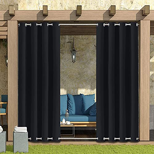 MINGPINHUIUS Outdoor Curtains Waterproof w/ Grommet (Top & Bottom) - Garden Gazebo Patio Windproof Blackout Thermal Insulated Privacy Curtain for Pergola Porch Pool (Black, 2 Panel 52''x84'') (CL1)