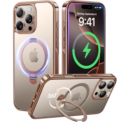 【透き通る上質感・定点360°回転】CASEKOO iPhone 16 Pro Max 用 ケース クリア 米軍MIL規格 金属感 キラキラ フィット感 MagSafe対応 最大25W急速充電対応 横縦両立 角度自在 超強磁力 耐衝撃 ラップホール付き 真空メッキ 黄変防止 いphone16promax 用ケース 6.9インチ「MagicStand Pro Kosai」(デザートチタニウム)