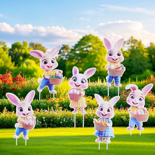Lystaii 6 PCS Easter Bunny Decorations Outdoor Vintage Stakes Bunny Family and Egg Lawn Yard Signs for Holiday Easter Party Spring Patio Lawn Garden Decor
