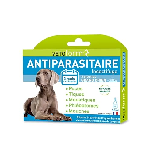 VETOFORM | Pipette Antiparasitaire Grand Chien (>30 kg) | Anti puces et Anti-Tiques | 3x5 ML | Fabriqué en France
