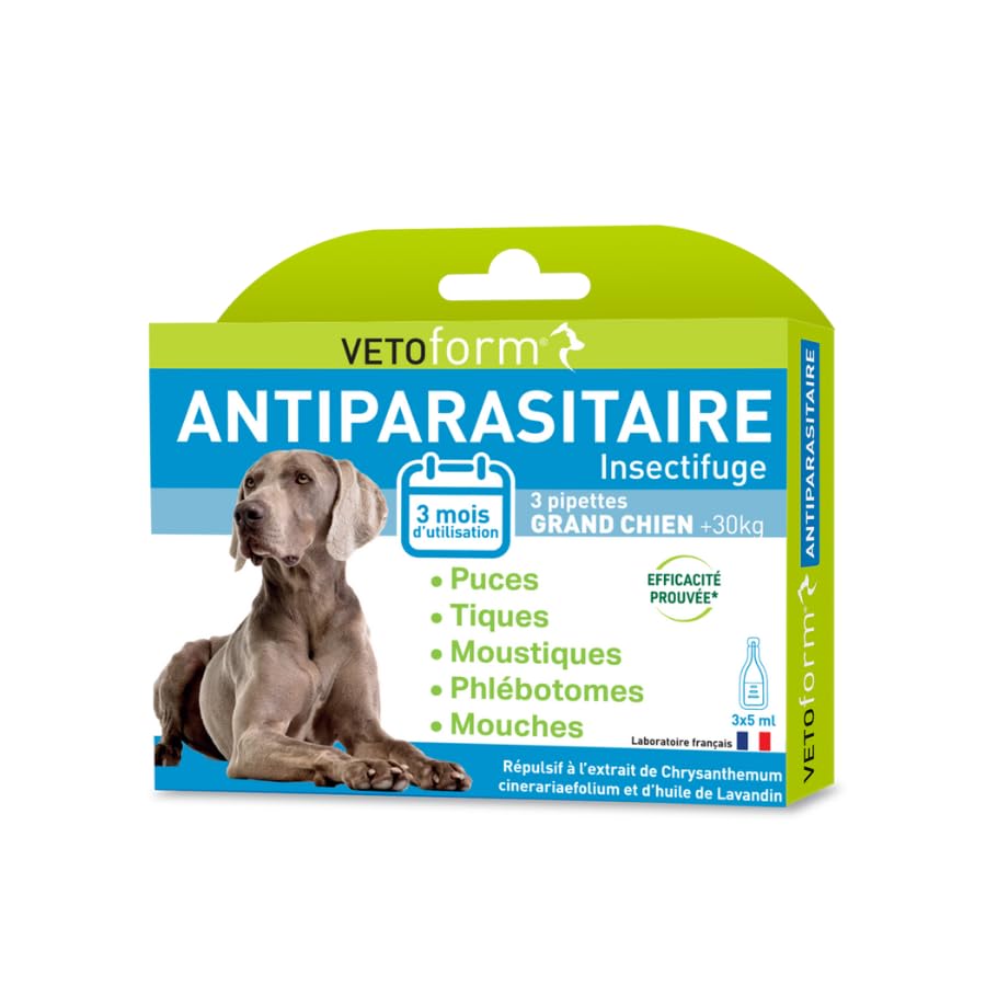 VETOFORM | Pipette Antiparasitaire Grand Chien (>30 kg) | Anti puces et Anti-Tiques | 3x5 ML | Fabriqué en France