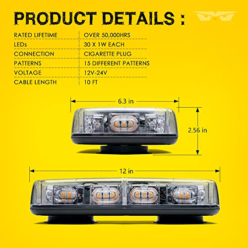 LUMENIX 12" LED Roof Top Mini Strobe Light, Ultra-High Brightness LED Emergency Strobe Light Bar with Magnetic Base for Construction Vehicles, Trucks, Cars, Snow Plow (Amber) - Thumbnail 7