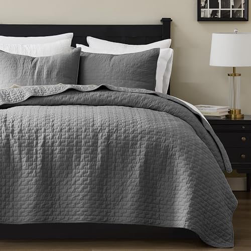 Image of palassio Dark Grey 100% Cotton Quilt King Size Bedding Sets with 2 Pillow Shams, Textured Lightweight Soft Bedspread Shabby Chic Coverlet, Quilted Comforter Bed Cover for All Season, 3 Pieces