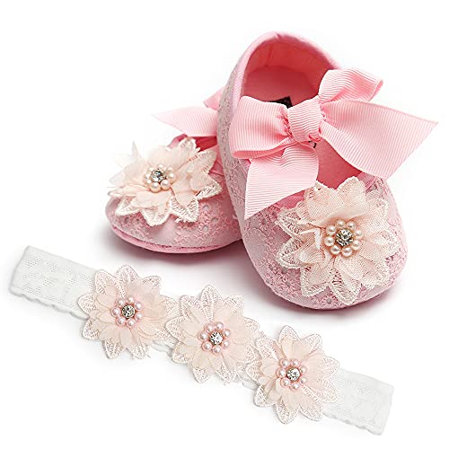QWZban Baby Girls Mary Jane Flats with Bowknot Flowers Soft Newborn Infant Crib Shoes Wedding Party Dress Shoes with Headband
