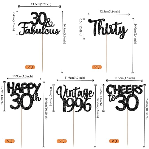 Image of 15 PCS Black 30th Birthday Centerpiece Sticks Thirty Happy 30th Vintage 1996 Table Flower Centerpieces Sticks Cheers to 30 Fabulous Floral Decorations for 30th Birthday Party Supplies