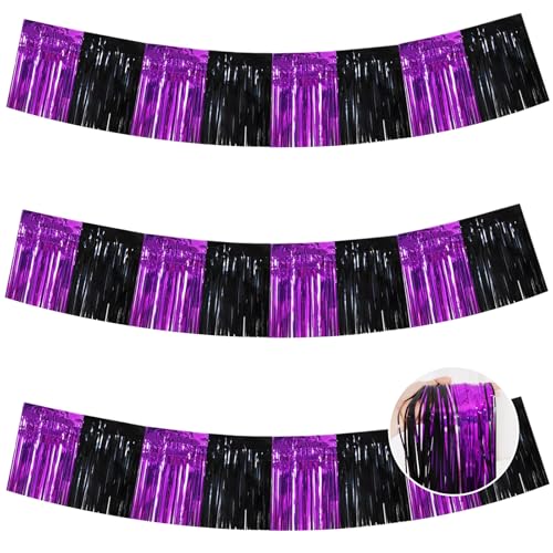Image of BEISHIDA Black Purple Fringe Garland Banner 30ft Wall Tinsel Foil Streamers | 3Pack,Hanging Shiny tinsel Metallic garland for graduation,Car floats,Bridal shower,Wedding,Birthday,Halloween,Christmas