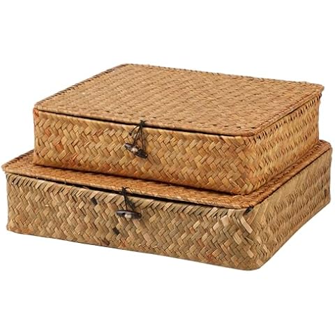 Flat Seagrass Storage Basket Bins with Lid - Set of 2 Wicker Baskets Bins Rectangular Woven Baskets Box Home Organizer Bins for Shelf Organizing, Large Size 13"x11" Cover