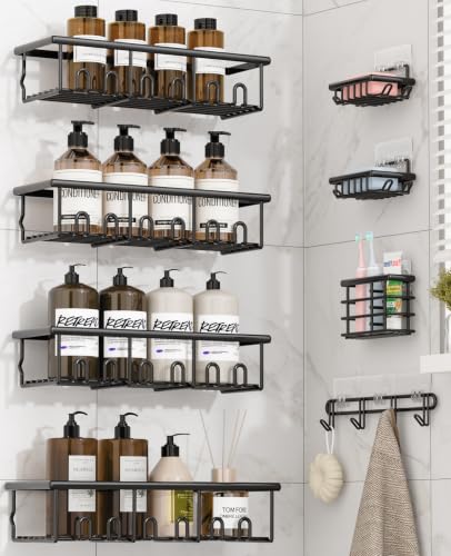 Zeawec 8 Pack Adhesive Large Capacity No-Drilling Shower Caddy Black