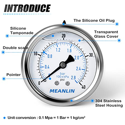 Image of MEANLIN MEASURE 0~40Psi Stainless Steel 1 /4 inch NPT 2.5 inch FACE DIAL Liquid Filled Pressure Gauge WOG Water Oil Air, Cencter Back Mount, with 1 /2 inch NPT and 3 /8 inch NPT Hex Bushing
