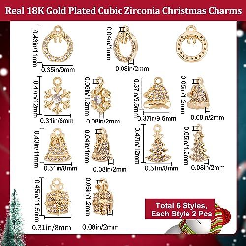 Beebeecraft 12Pcs 6 Style Christmas Charms 18K Gold Plated Trees Snowflake Gift Bell Hat Wreath Cubic Zirconia for DIY Jewellery Making Pendant Bracelet Necklace Craft Supplies - Image 2