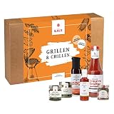 LAUX Grillen & Chillen Feinkost Geschenkset - 5 x Feinkost BBQ Sauce & Scharfes Chili Öl - Mit Hochwertiger Geschenkbox - Ideal für Männer