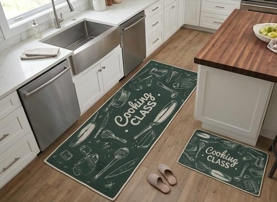 Image of HomeCloud Kitchen Rectangular Mat: Premium Anti-Slip, Soft, Washable, Designer Printed Mat for Floors, Kitchens, and Rooms - (6mm Thick, 41x122 cm and 41x61cm) (Cooking Time Green)