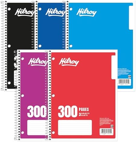 Hilroy 3-Subject Coil Notebook, 8" x 10.5", Wide Ruled, 3-Hole Pu...