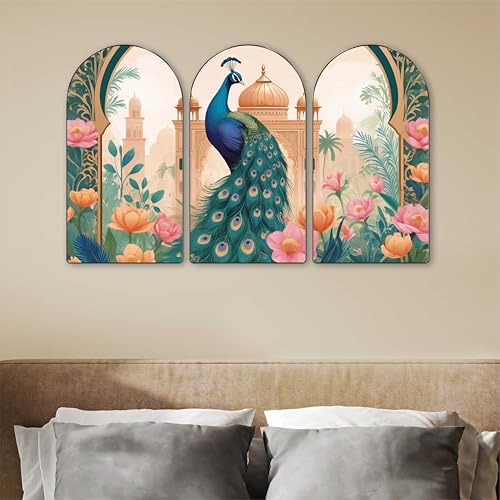 Image of Livin'luxe Peacock Wall Art | Set of 3 MDF Panel Paintings | Floral Mughal Palace Theme Decorative Wall Hanging for Living Room, Bedroom & Home Decor (20 x 30 Inch) RPNS-05