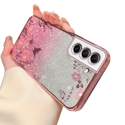 Image of for Samsung Galaxy S21 FE Case for Women Gradual Change Glitter Crystal Soft TPU Stylish Butterfly Floral Heart Clear Protective Cover with Strap for Samsung S21 FE (Rose Gold)