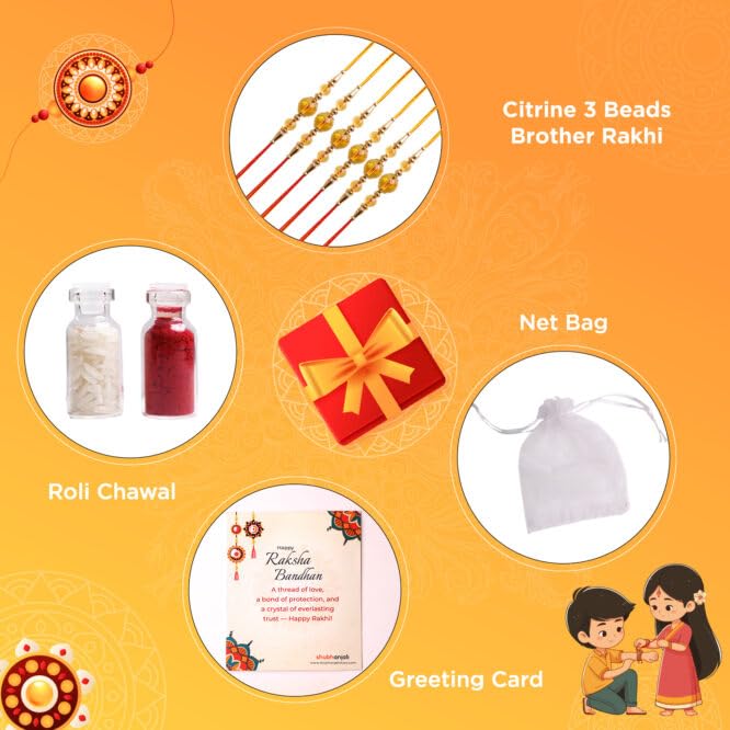 Image of Shubhanjali Crystal Beads Rakhi for Brother | Handmade Healing Crystal Stone Designer Rakhi for Bhaiya | Raksha Bandhan Gift Set with Roli Chawal, Kumkum, Greeting Card & Potli