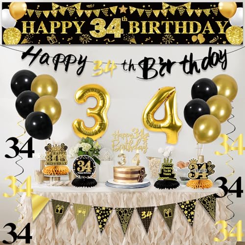 Image of 34th Birthday Decorations for Men, Black Gold 34th Party Decorations