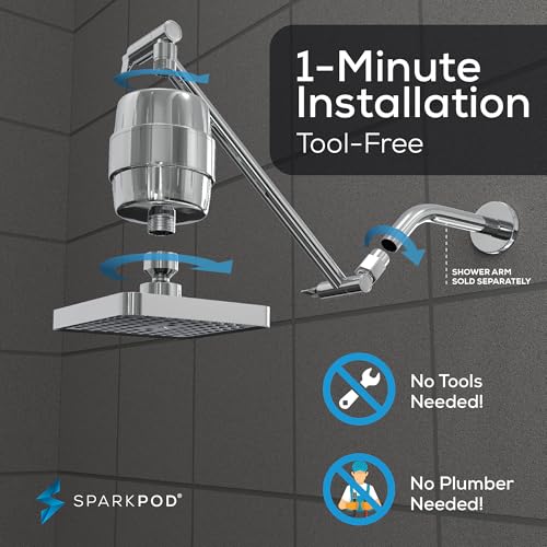 Image of SparkPod 6 inch High Pressure Rain Shower Head with 23 Stage Filter Capsule & 11 Inch Adjustable Shower Arm Extension -Shower Filter Reduces Chlorine for Smoother Hair & Skin (Square, Polished Chrome) | Showerhead for Hard Water, High Pressure Shower Head, Adjustable Showerhead, Universal Connection, Gain Space & Style