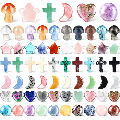 Nuenen 60 Pcs Worry Stones Bulk Heart Mushroom Cross Moon Star Round Shaped Healing Crystal Gemstone Pocket rocks for Balancing Meditation Easter Mother's Day Gift