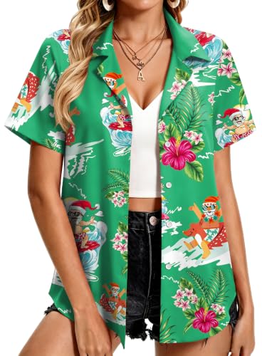 Christmas July Shirt Women: Christmas Hawaiian Shirts Casual Summer Holiday Blouses Button Up Tops Green