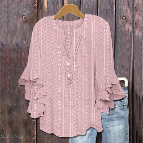 summer tops for women2025 floral graphic v neck 34 sleeve shirts casual button down shirts flowy ruffle sleeve tops