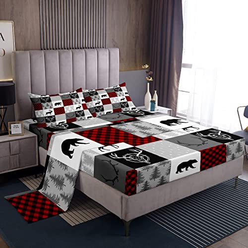 Plaid Deer Bear Fitted Sheet King Size,Wild Animal Arrow Hunting Antler Patchwork Microfiber Polyester Bed Shee Set For Man Adult,Rustic Red Buffalo Grid Bedding Set (1 Fitted,1 Flat,2 Pillows) #TOP12
