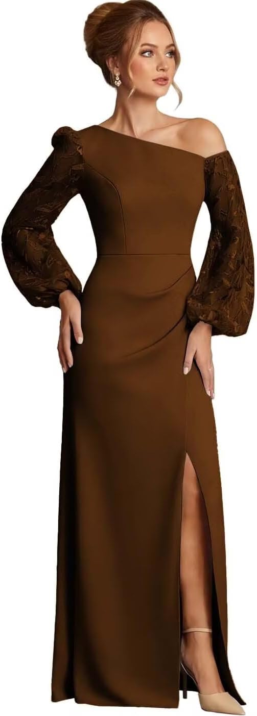 One Shoulder Mother of The Bride Dresses Laces Puffy Long Sleeve Mother of Groom Formal Dress with Slit