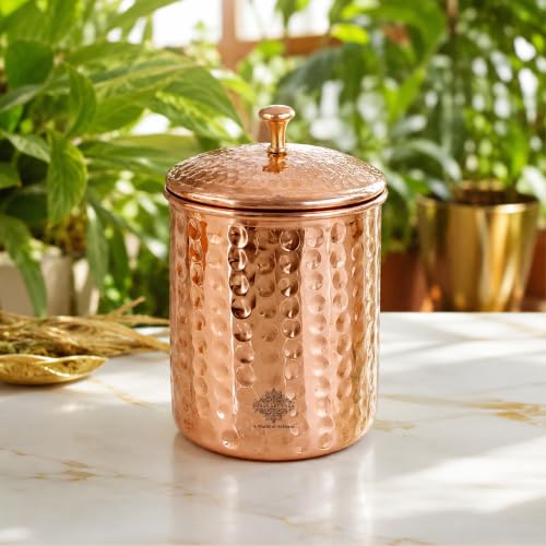Image of INDIAN ART VILLA Pure Copper Hammered Design Storage Box /Container With Brass Knob On Top, Volume-900 ml