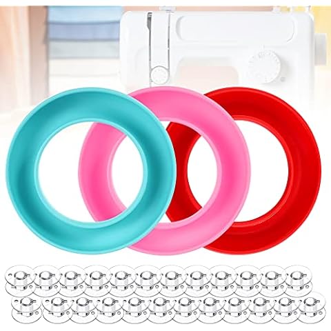 Neatbuddy 3 Pack Bobbin Holders, Silicone Bobbin Rings, Different Color Sewing Machine Bobbin Organizer and 24 Transparent Bobbins for Daily Sewing Supplies(Red & Pink & Light Blue) Cover