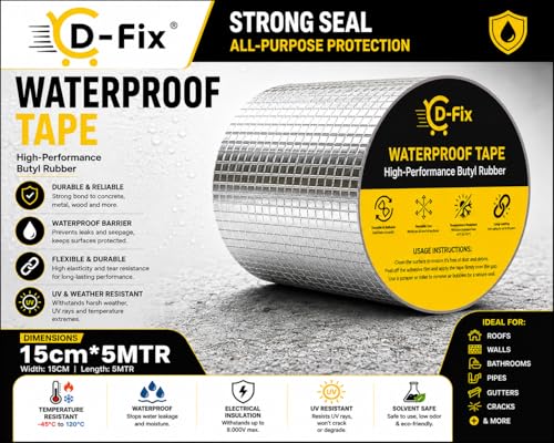 Image of D-fix Super Strong Waterproof Butyl Tape Heavy Duty Leak Repair Sealant Tape for Roof Pipe RV Window Gutter Metal Crack Patch Weatherproof Heat-Resistant Indoor-Outdoor Use (6 Inch (15CM*5M)