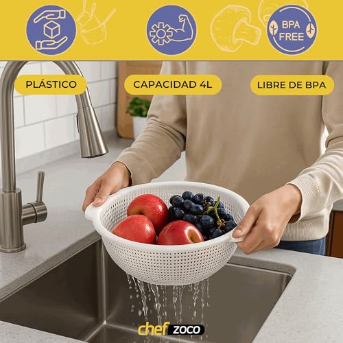Miniatura 2 de Chefzoco Escurridor De Plástico, Colador De Cocina, Colador Multiusos, Escurridor Pasta, Escurridor Para Frutas Y Verduras, Diámetro Superior 23 Cm, Libre De Bpa, Capacidad 4 Litros, Plástico, Blanco
