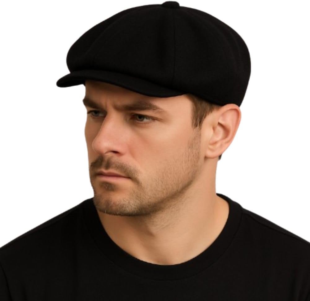 Men's Newsboy Cap Baker Boy Gatsby Style Hat Black Felt Wool Winter Warm Lining Size 58-59cm