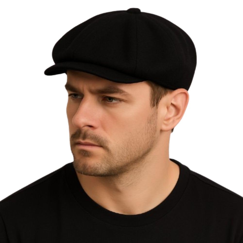 Men's Newsboy Cap Baker Boy Gatsby Style Hat Black Felt Wool Winter Warm Lining Size 58-59cm