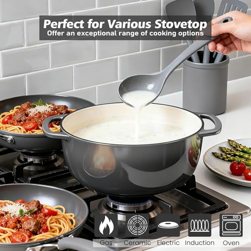 Image of Enameled Cast Iron Dutch Oven - Umite Chef 6QT Pot with Lid & Cotton Potholders - Dual Handles -Versatile Heavy Duty Cookware for Bread Baking, Braising, Stews, Roasting(Grey)