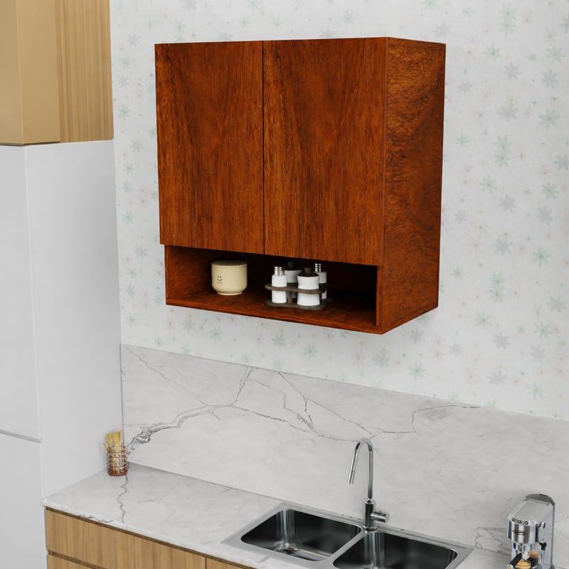 Image of 2 Door Multipurpose Wall Mounted Cabinet with Adjustable & Fixed Shelf | Storage for Kitchen, Bathroom, Office & Living Room | Assembly-DIY | Color-Cherry Pine | Size-60x33x63.8 Cm
