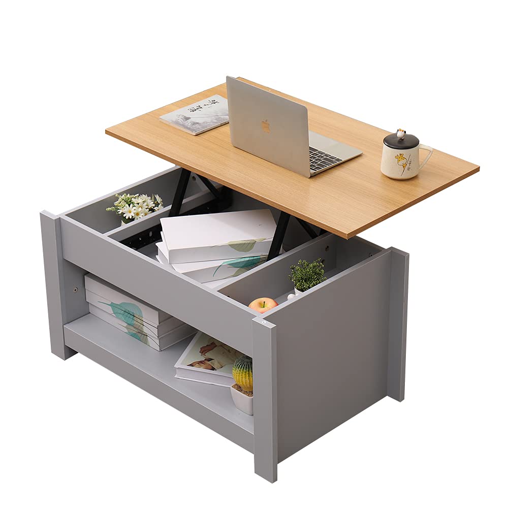 HOME MODERN Wooden Lift up Top Coffee Table Sofa/Tea Table with 3 Hidden Storage Compartment and Bottom Storage Shelf for Living Room,Grey
