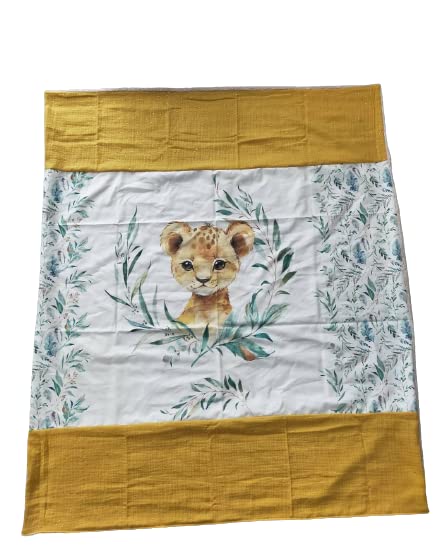 Couverture bébé molletonnée lion 80x120 cm en double gaze moutarde