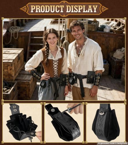 Image of 7PCS Renaissance Accessories - Medieval Belt, Viking Leather Bracers, Belt Pouch & Money Bag for Halloween Cosplay