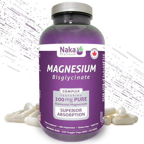 Naka Platinum MAGNESIUM Bisglycinate 200 mg SUPER BONUS SIZE - 330 Veggie Caps (300+30 FREE), Pure Elemental Magnesium, Superior Absorption