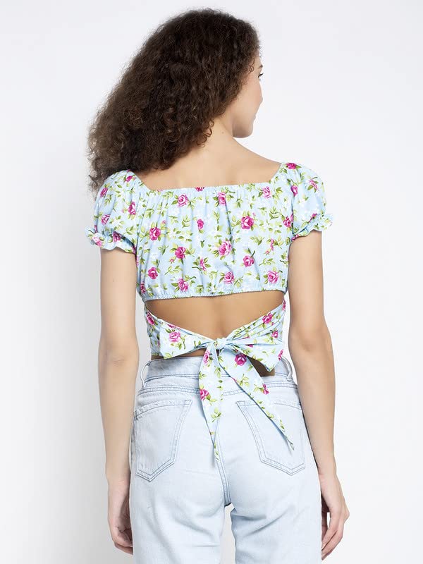 Image of ELEVANTO Women's Ruffle Stylish Short Sleeve Tie Up Back Crop Top Off Shoulder Bardot Blouse /Tops for Summer
