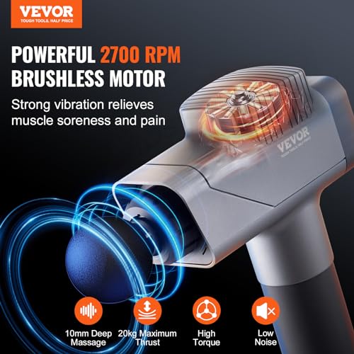 VEVOR Massage Gun Deep Tissue, Percussion Muscle for Athletes - with 8 Speed Levels & 6 Heads, 16V 2500mAh Batteries - Image 3