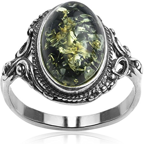 Image of Sterling Silver Dark Green Amber Oval Ring